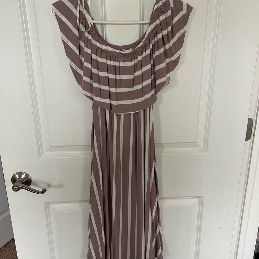 T.J.Maxx Brown and White Striped Maxi off the shoulder Dress